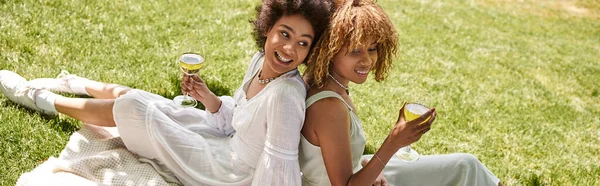 African american girlfriends with wine glasses sitting back to back on green lawn, banner — Stock Photo