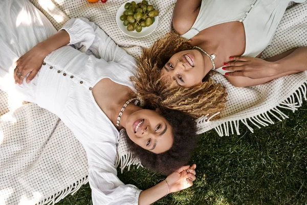 Blick von oben auf überglückliche afrikanisch-amerikanische Frauen, die in die Kamera neben frischem Obst schauen, sommerliches Picknick — Stockfoto