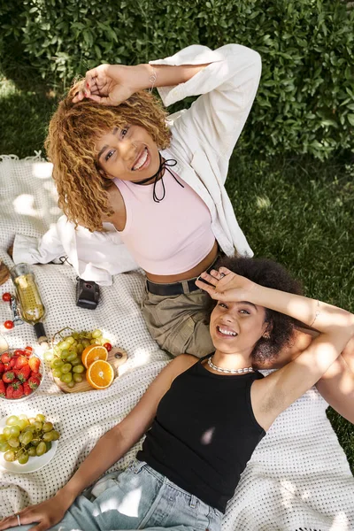 Vista superior de las novias afroamericanas despreocupadas cerca del vino y las frutas frescas en el picnic de verano - foto de stock