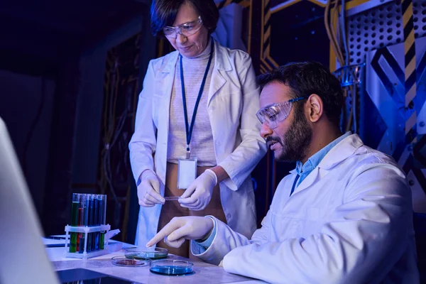 Indian scientist pointing at petri dishes with samples of otherworldly life near colleague in lab — Stock Photo