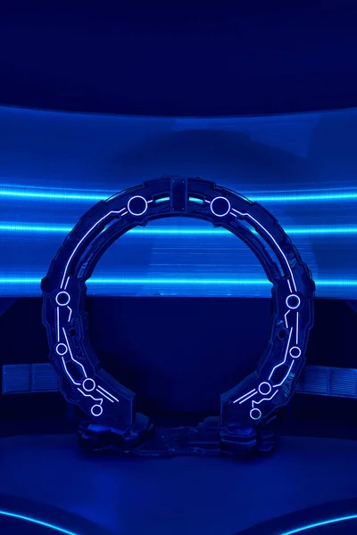 Futuristisches Konzept, bogenförmiges Innovationsgerät im Versuchslabor, Neonlicht — Stockfoto