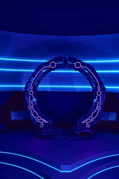 Tecnologías futuristas, dispositivo de neón iluminado en forma de arco en el centro de innovación científica - foto de stock