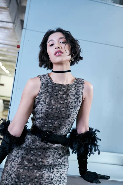 Confiado joven asiática mujer en vestido y elegante guantes mirando cámara en público lavandería - foto de stock