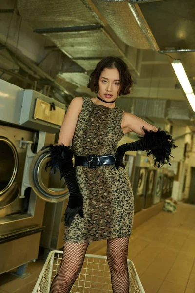 Stylish asian woman in dress with animal print and gloves standing in cart in public laundry — Stock Photo