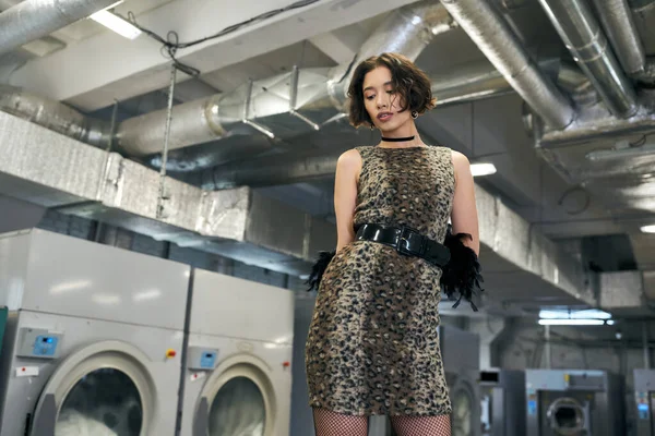 Stylish young asian woman in dress with animal print posing in self service laundry — Stock Photo