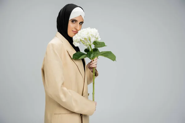 Moderna mujer de negocios musulmana en hijab y chaqueta de moda posando con flor de hortensia blanca en gris - foto de stock