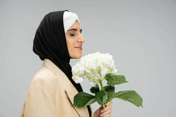Ravi, femme d'affaires musulmane à la mode avec les yeux fermés et fleur d'hortensia sur gris, vue de côté — Photo de stock