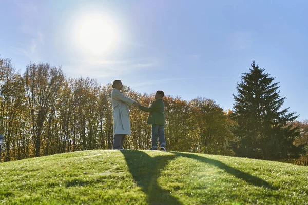 Madre e figlio che si tengono per mano, in piedi su una collina verde nel parco, fogliame autunnale, afroamericano — Foto stock
