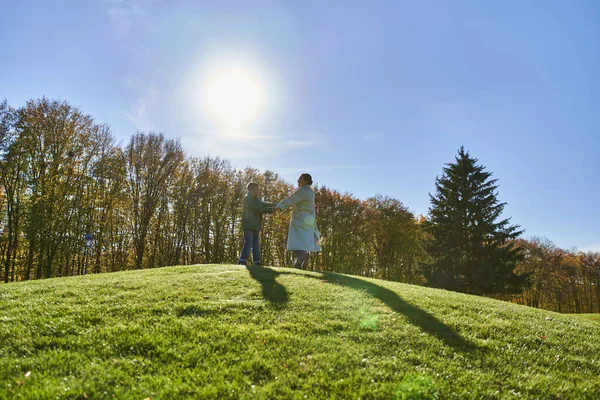 Joy, african american mother and child holding hands, standing on green hill in park, autumn foliage — Stock Photo