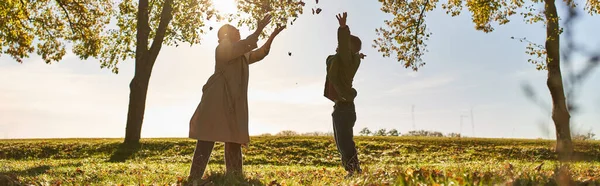Silhouette of mother and child throwing autumn leaves, park, fall season, having fun, banner — Stock Photo