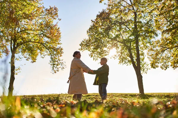 Силуэт матери и ребенка, держащихся за руки в осеннем парке, осенний сезон, связь и любовь — стоковое фото