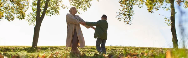 Silhouette di madre e bambino che si tengono per mano nel parco autunnale, stagione autunnale, divertirsi, ballare, striscione — Foto stock