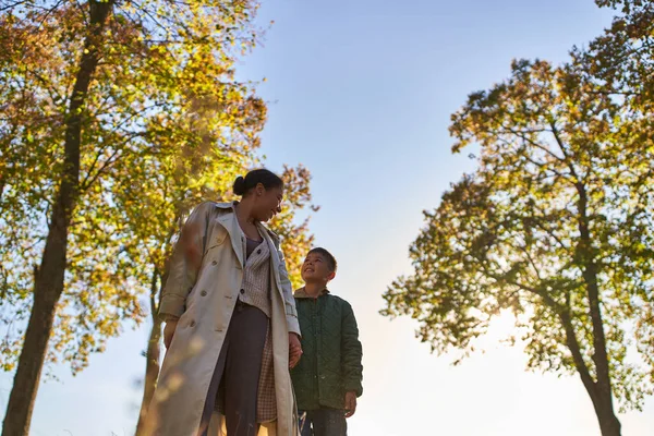 Madre y el niño afroamericanos en ropa de abrigo tomados de la mano cerca de los árboles en el parque de otoño, temporada de otoño - foto de stock