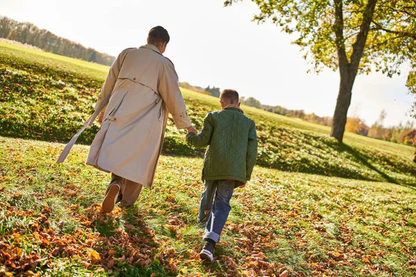 Heure d'or, mère et fils marchant dans le parc, tenir la main, feuilles d'automne, automne, afro-américain — Photo de stock