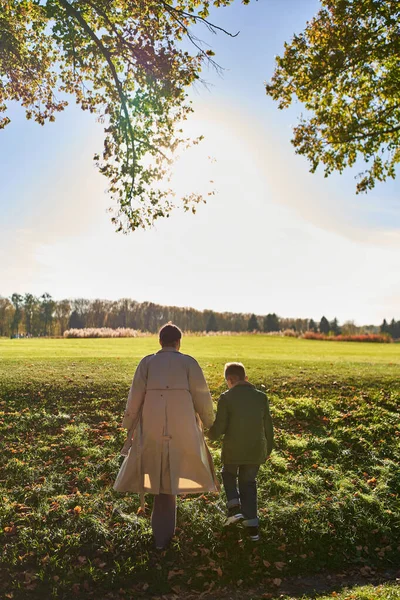 Back view, mother and son walking in park, hold hands, autumn, fall season, trees, african american — Stock Photo