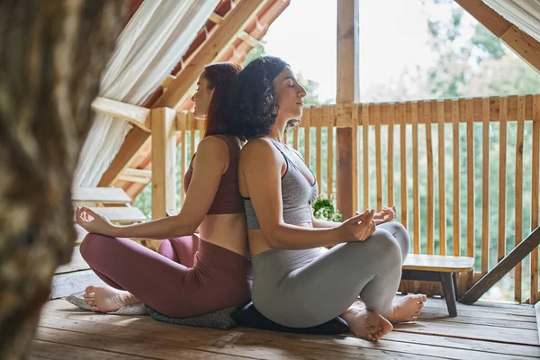 Multiethnische Freundinnen in Sportkleidung meditieren in Lotus-Pose, lehnen sich Rücken an Rücken — Stockfoto