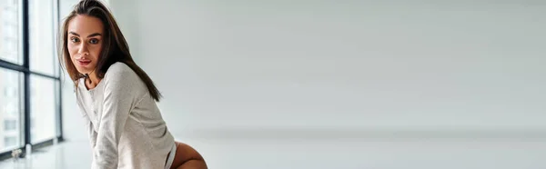 Séduisante jeune femme au corps chaud et aux cheveux bruns regardant la caméra tout en posant à la maison, bannière — Photo de stock