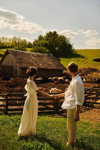 Boda rústica en estilo boho, vista trasera de los recién casados tomados de la mano y mirando al ganado en la granja - foto de stock