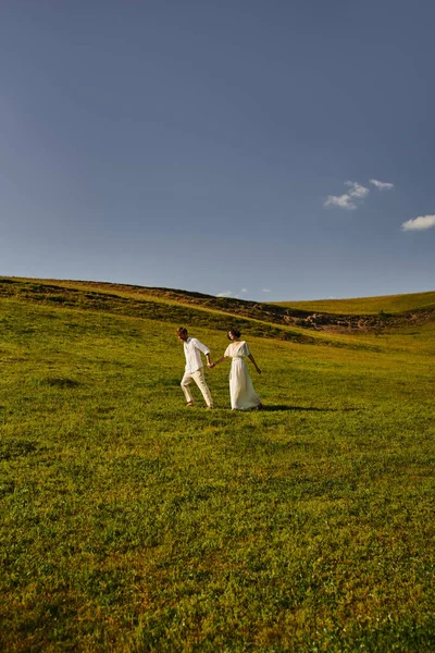 Scenic landscape, just married couple walking in green field, young newlyweds in wedding gown — Stock Photo
