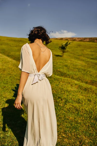 Rückansicht einer brünetten Frau im Brautkleid, die im grünen Feld unter blauem Himmel auf dem Land spaziert — Stockfoto