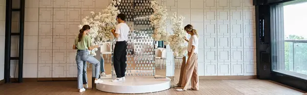 Equipo creativo de floristas que arreglan la composición festiva decorativa en la sala de eventos espaciosa, pancarta - foto de stock
