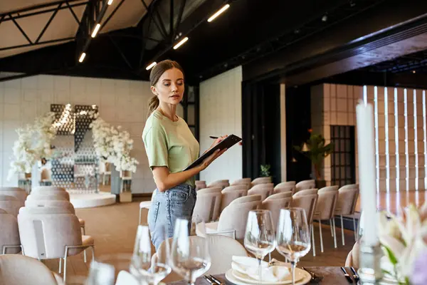 Young event manager with clipboard looking at table with festive setting in modern event hall — Stock Photo