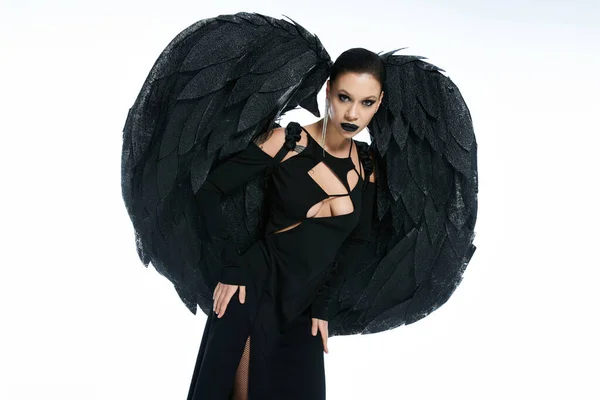 Sinister beauty, woman in costume of fallen angel with black wings looking at camera on white — Stock Photo