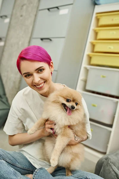 Smiling purple-haired dog sitter cuddling pomeranian spitz and looking at camera in pet hotel — Stock Photo