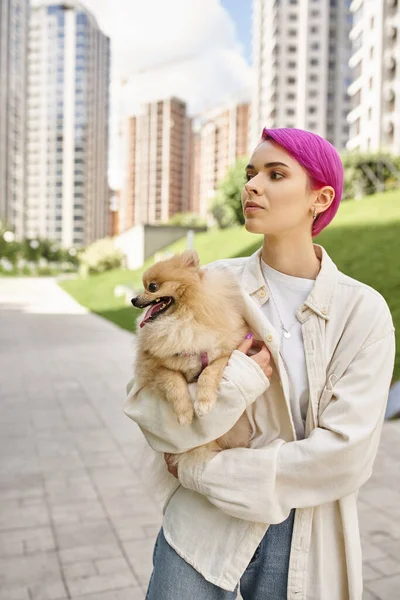 Purple-haired woman looking away while walking on city street with pomeranian spitz in hands — Stock Photo