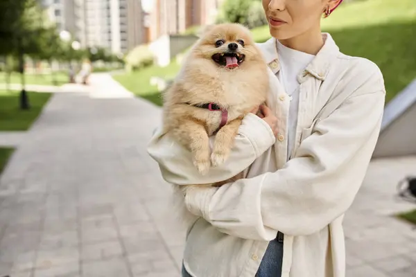 Vue recadrée de femme avec spitz poméranien choyé dans les mains marchant dans la rue urbaine, moment joyeux — Photo de stock