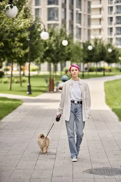 Full length of modern purple-haired woman walking with pomeranian spitz on automated leash — Stock Photo