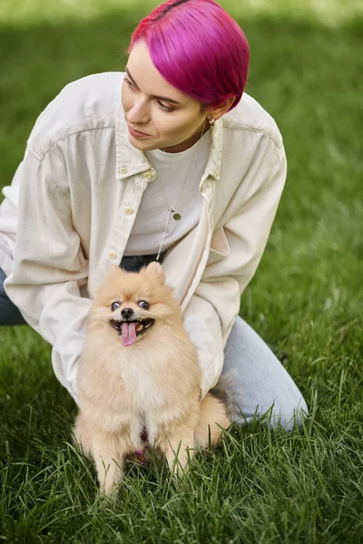 Stylish purple-haired woman hugging fluffy pomeranian spitz and looking away on green lawn in park — Stock Photo
