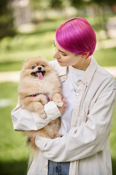 Stylish woman with purple hair holding loveable pomeranian spitz in hands outdoors, care and bonding — Stock Photo