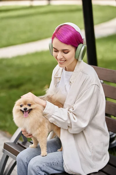 Счастливая женщина слушает музыку в наушниках и гладит очаровательный поморский шпиц на скамейке в парке — стоковое фото