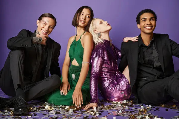 Christmas party, joyful multiethnic friends in festive clothes sitting on shiny confetti on purple — Stock Photo