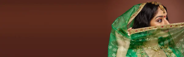 Bela mulher indiana com cabelos longos e bindi dot cobrindo seu rosto com véu verde, bandeira — Fotografia de Stock