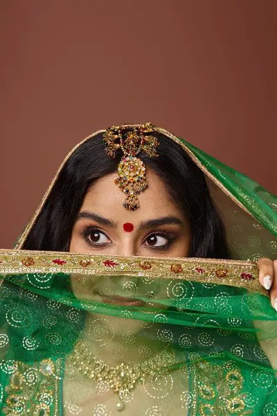Вертикальный снимок красивой индийской женщины в с бинди точка покрывая лицо вуалью и глядя в сторону — стоковое фото