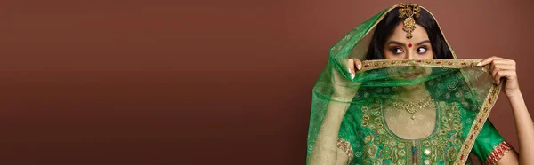 Красивая индийская женщина с точкой бинди на лбу покрывающее лицо с зеленой вуалью глядя в сторону, баннер — стоковое фото