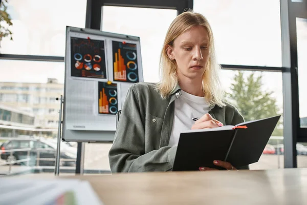 Young focused non binary person in green shirt taking notes sitting at desk, business concept — Stock Photo