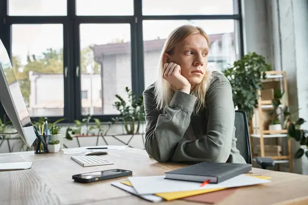 Vertical shot of red haired androgynous model in black stylish turtleneck looking at camera — Stock Photo