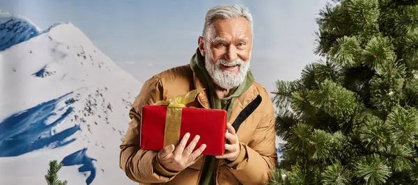 Cheerful Santa holding present and smiling at camera with mountains backdrop, winter concept, banner — Stock Photo