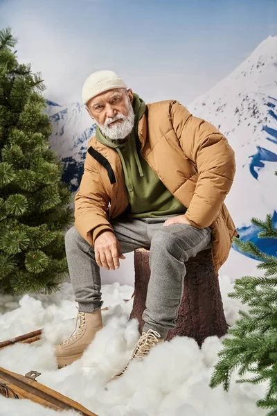 Серйозний чоловік з білою бородою в куртці, що сидить на пні на дереві, дивлячись на камеру, зимова концепція — стокове фото