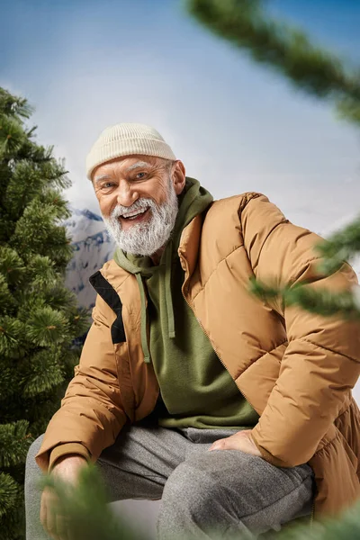 Alegre feliz Santa en sombrero blanco y chaqueta caliente sentado y sonriendo a la cámara, concepto de invierno - foto de stock