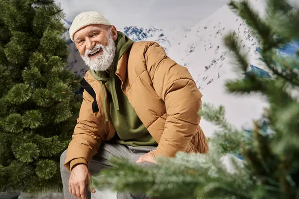 Hombre alegre vestido de Santa con barba blanca rodeado de árboles y nieve, concepto de invierno - foto de stock