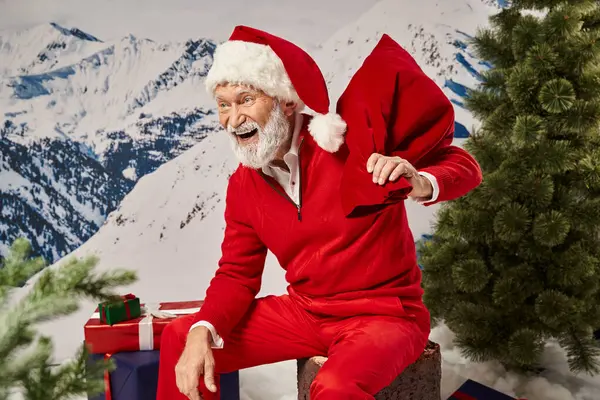 Joyous man in Santa costume laughing and sitting on tree stump with gift bag, Merry Christmas — Stock Photo
