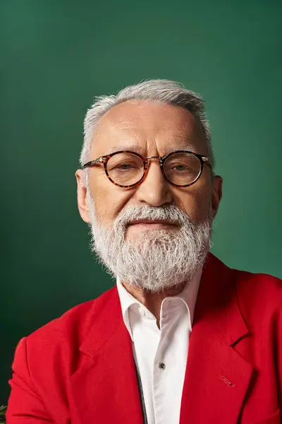 Retrato de Santa elegante en gafas con barba blanca y mirando a la cámara, concepto de invierno - foto de stock