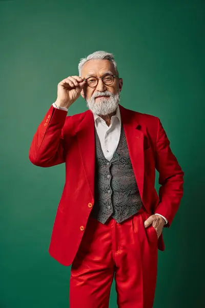 Елегантний стильний Санта з білою бородою і окулярами позує однією рукою в кишені, зимова концепція — стокове фото