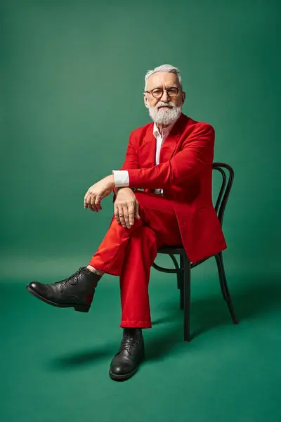 Elegante bom olhar Papai Noel em terno vermelho sentado na cadeira no fundo verde escuro, conceito de inverno — Fotografia de Stock