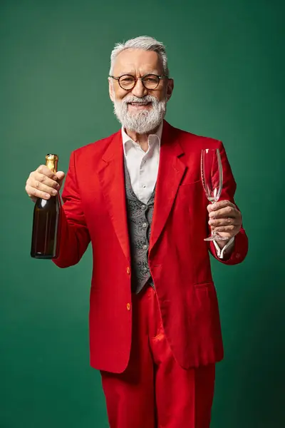 Glücklicher Weihnachtsmann mit Brille und Bart im roten Anzug posiert mit Champagnerflasche, Winterkonzept — Stockfoto