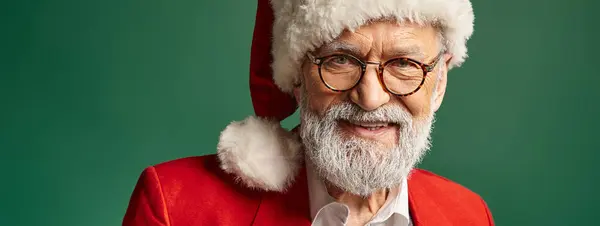 Elegante y guapo Santa en sombrero rojo y gafas sonriendo alegremente a la cámara, concepto de invierno, pancarta - foto de stock